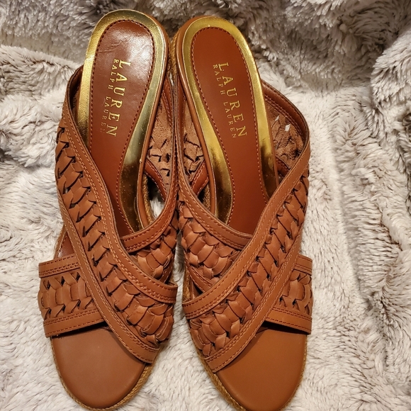 Ralph Lauren Giana Wedge Slip On Sandal Size 6 Brown Woven Leather - Picture 1 of 5